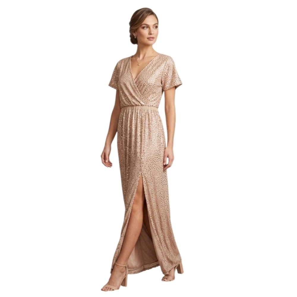 Garnet Hill Tan‎ Maxi Gold Sequin Short Sleeve Dress XS